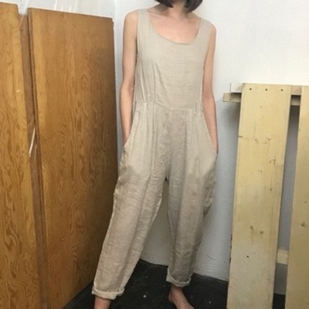 Black Crane Overall Jumpsuit Beige Sleeveless Linen Belt Loops Lagenlook - Small